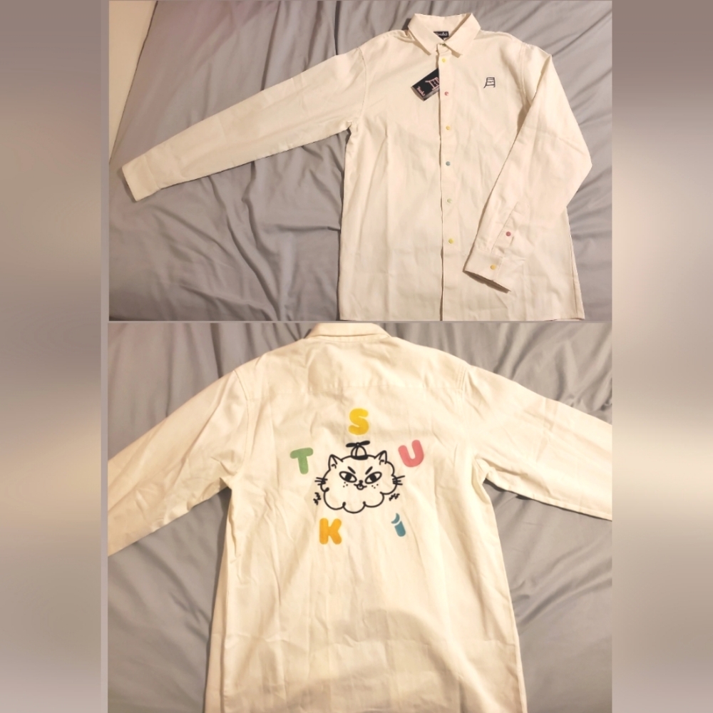 NWT Tsuki Market Mischief Cat White Long Sleeve Snap Shirt Size Small Pewdiepie